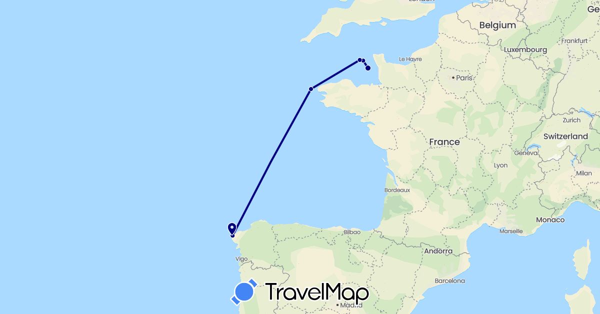 TravelMap itinerary: driving in Spain, France, Guernsey, Jersey (Europe)